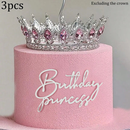 3pcs Birthday Princess Queen Acrylic Cake Topper Gold Silver Mirror Cake Insert Happy Birthday Cake Decoration for Women