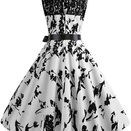 Floral Print Vintage Women Summer A Line Lace Party Dresses Robe Tunic Casual Office Ladies Dress