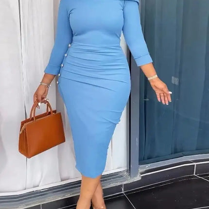 Womens Dresses 2025 Spring New Off The Shoulder Long Sleeve Bodycon Midi Dress Casual Waist Button Decor Ruched Work Dress