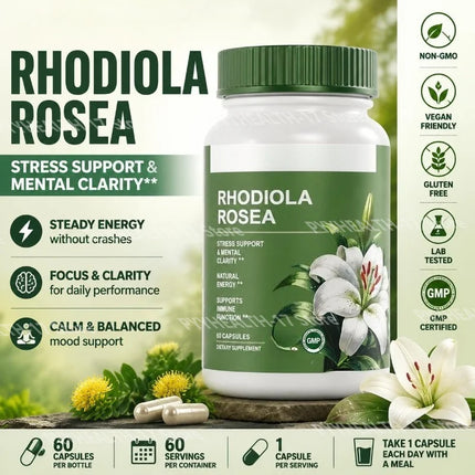 Rhodiola Rosea Extract Capsules 500mg Herbal Adaptogen for Daily Wellness Focus Mental Clarity and Energy Support 60 Capsules