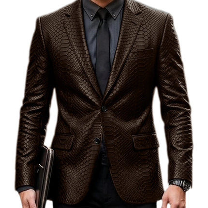 Men's Luxury Crocodile Pattern Leather Blazer Slim Fit Two Button Notch Lapel Suit Jacket Business Casual Wedding Tuxedo Dress