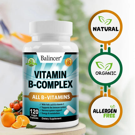 Vitamin B Complex Capsules with Vitamin C & Folic Acid, Antioxidant, Daily Energy Metabolism & Body Immune Wellness Support