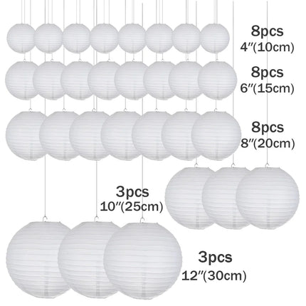 30pcs/Lot 4''-12'' Mix Size Chinese Paper Ball Lampion Hanging White Wedding Decoration Paper Lanterns Lampshade Party Decor