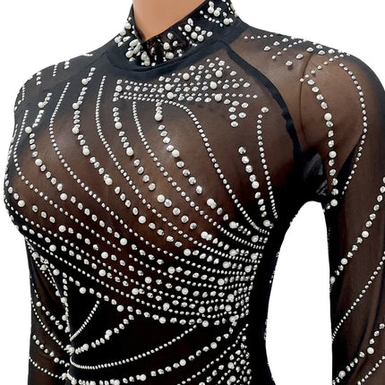 HBLL Sexy Pearls Rhinestone Party Dresses Women Elegant Nightclub Feather Birthday Dress Long Sleeve Mesh Sheer Bodycon Dress