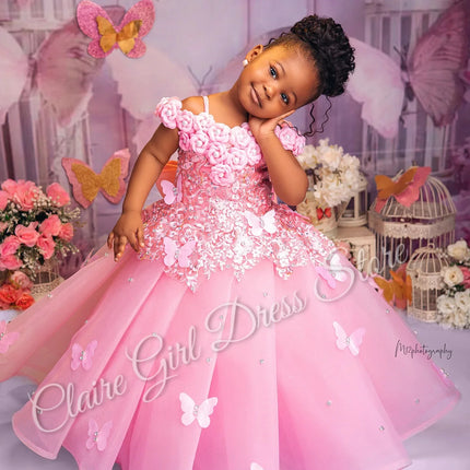 Customized Pink Flower Girl Dresses For Wedding Appliques Butterflies Pearls Cute Kids Birthday Party First Communion Gown