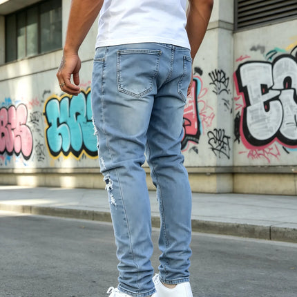 HME Men's Stretch Denim Pants, Light Blue Slim Ripped Skinny Jeans for Comfortable Fit