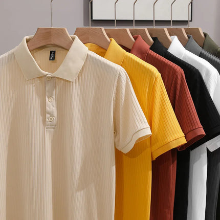 Summer Men's Slim Fit Polo Shirts Short Sleeve Stretch T-Shirts Retro Lapel Striped Knitwear Casual Stylish Golf Workout Tee 5XL