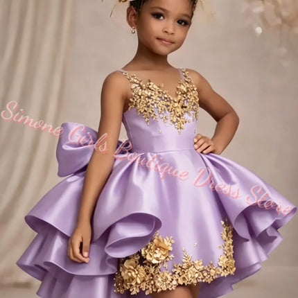 Customized Applique Flower Girl Dress For Wedding Satin Puffy Ruffles Baby Kids Birthday Party First Communion Ball Gown