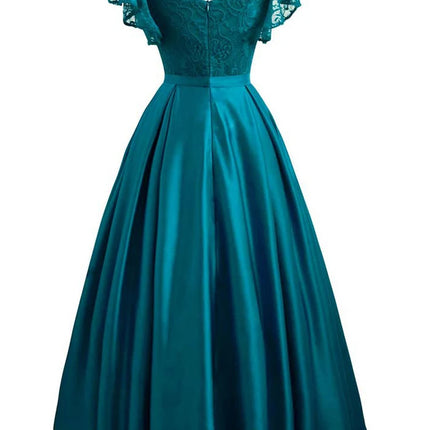 Elegant Gorgeous Pink turquoise Ruffle Sleeve Party Satin Long Dress Lace Prom Gowns Wedding Lady Autumn Evening Maxi Dresses