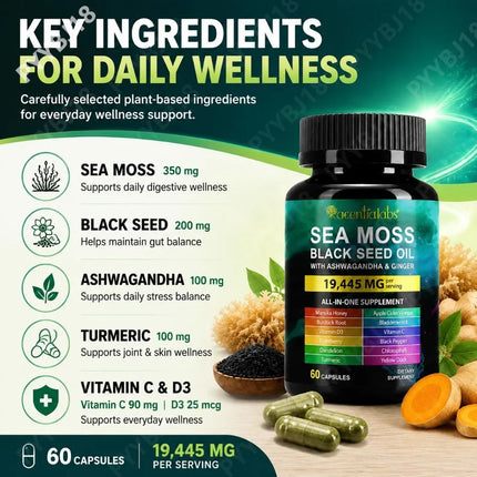 Acentialabs Sea Moss Black Seed Oil Capsules with Ashwagandha Vitamin C and Vitamin D3 Immune Energy & Detox Support 60 Capsules