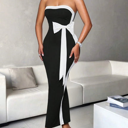 Ladies Fashion Elegant Color Block Knot Design One Shoulder Dress Stylish Graceful Versatile Butterfly Bow Dress for Women
