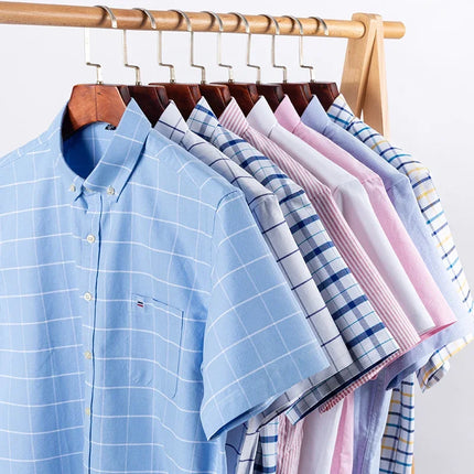 New Men's Social Shirt Short Sleeve 100% Pure Cotton Oxford Soft Buttoned Plaid Formal Male Clothes Pocket Social Shirt S-7XL