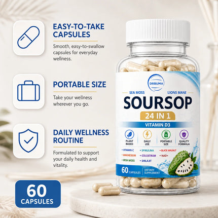 Soursop 24-in-1 Plant Nutrient Capsules, 60 Capsules – Portable Daily Dietary Supplement for Adults, Rich in Multiple Nutrients, Ideal for Home, Office and Travel Use, European & American Style Wellness Management Nutrition