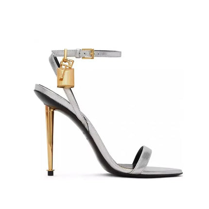 Buckle Strap Solid Color Key Lock Decoration Women Sandals Fashion Show Pointed Toe Ladies Shoes Golden Stiletto Sandals Women