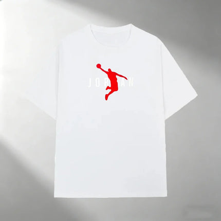 Men Pure Cotton T Shirt JORDAN Red Basketball Silhouette Print Short Sleeve Tops Casual Streetwear Sporty Summer Fashion T-shirt