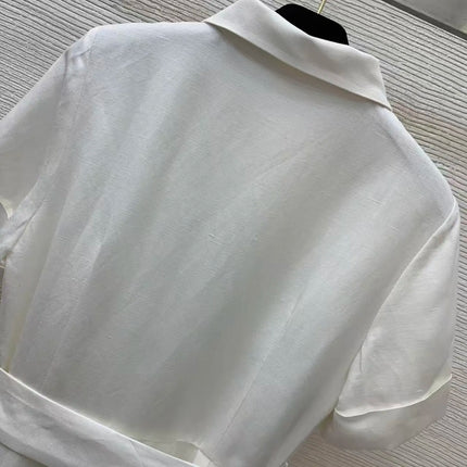 High quality women's 2026 new linen blend three-dimensional decal embroidery short sleeved lapel shirt dress with folded edges