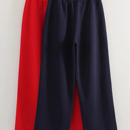 Women Sweatpants Cotton Red Side Striped Sports Pants Straight Elastic Waist Pants For Women Navy Blue Sweatpants With Stripe