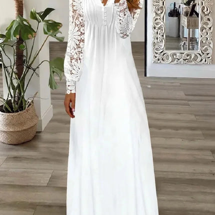 Spring/Summer Fashion Women's Long Sleeve Printed Lace Dresses Elegant Woman White V-neck Slim Fit Party Long Maxi Vestidos 3XL