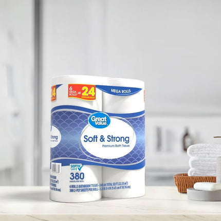 Soft & Strong Premium Toilet Paper, 6 Mega Rolls, 380 Sheets per Roll