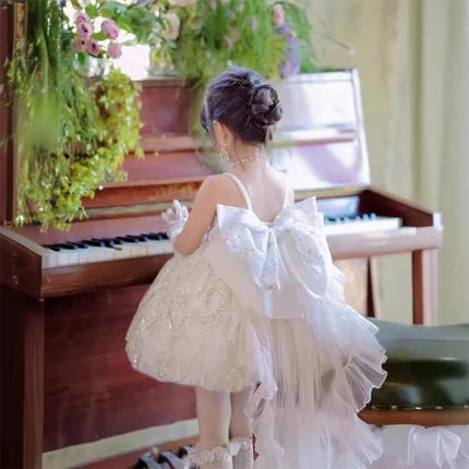 Girls' New Summer  Lace Strap Floral Bow Trailing Princess Dress