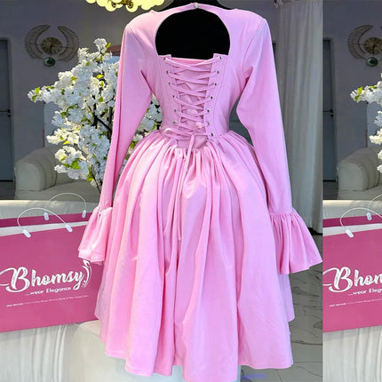 Mid Length Dress Women A Line Dresses Pleated Round Neck Casual Elegant Pink Party Vestidos High Waist Night Wedding Lace Up