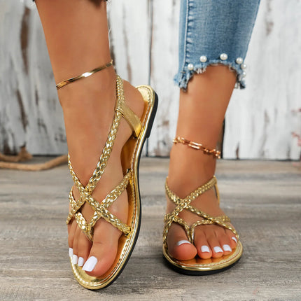 2026 New Fashion Women's Braided Flat Sandals Casual Clip Toe Summer Shoes Lightweight Elastic Band Sandals Gold Silver Footwear