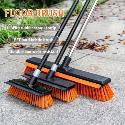 Heavy-Duty Outdoor Floor Cleaning Brush with Squeegee System & Stiff Bristles - Stainless Steel/Plastic, Ideal for Yards, Patios, Driveways, Concrete & Hard Surfaces, Commercial-Grade Broom
