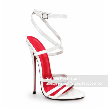 16cm Patent Leather Strappy Stiletto Sandals Ankle Strap Super High Heel Shoes Multi Crisscross Straps Lacquered Heel Sandals