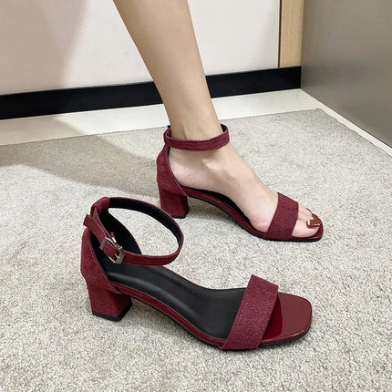 Women Heels Sandals 2025 New Summer Sandal Fashion Square Low Ladies Elegant Dress High Heels Sandal Shoes Outdoor Casual Slides
