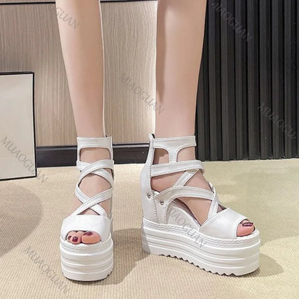 Wedges 13cm Super High Heels Sandals Thick Bottom Fashion Height Increase Cross Strap Fish Mouth Women's Shoes Casual Sandales
