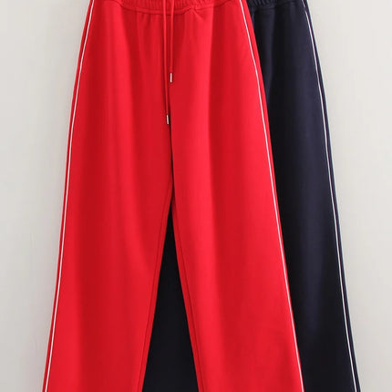 Women Sweatpants Cotton Red Side Striped Sports Pants Straight Elastic Waist Pants For Women Navy Blue Sweatpants With Stripe