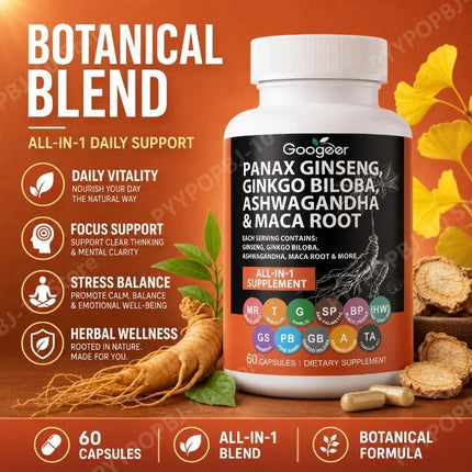 Botanical All in 1 Blend with Panax Ginseng Ginkgo Biloba Ashwagandha Maca Root Supports Daily Vitality Focus 60 Capsules