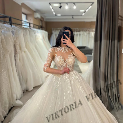 VIKTORIA Princess Shiny Wedding Dresses For Woman Bride Ball Gowns Long Sleeves Tulle Appliques Vestido De Novia Customized