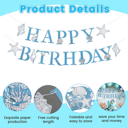 Blue Bow Starfish Seashell Happy Birthday Banner Garland Ocean Beach Under The Sea Theme Birthday Mermaid Party Decoration Favor