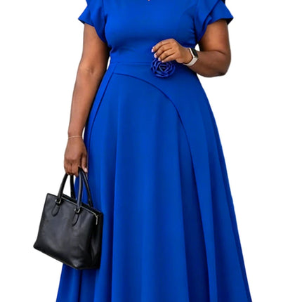 Mlaiscsr Women V Neck Ruffle Sleeve Elegant Work A-Line Midi Dresses Formal Flowy Midi Dress with Flower Waist Detail Church
