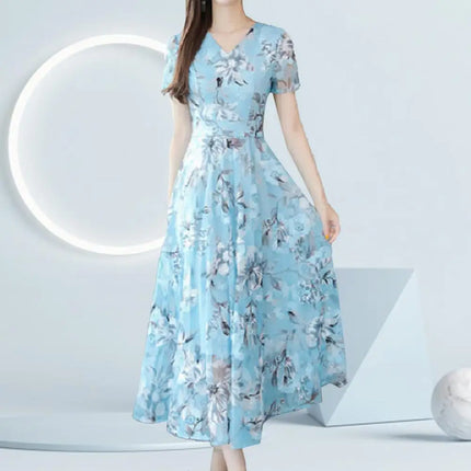 Short Sleeve Floral Print Midi Dress Summer Women Dress Waist Tight Flower Print Large Hem Maxi Dress Travel Vocation Dress