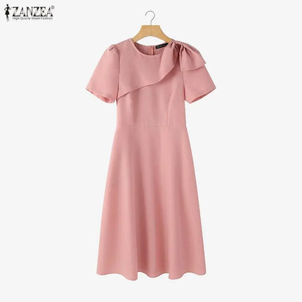 ZANZEA Women's Elegant Fit and Flare Party Dresses Bow Detail O-Neck Short Sleeve Wedding Guest A-Line Midi Dress Woman Clothes