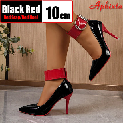 Aphixta New Arrivals 4cm Strap Metal Belt Buckle 10cm Stiletto Heels Pumps Women Party Shoes Red Black Pointed Toe Big Size 53