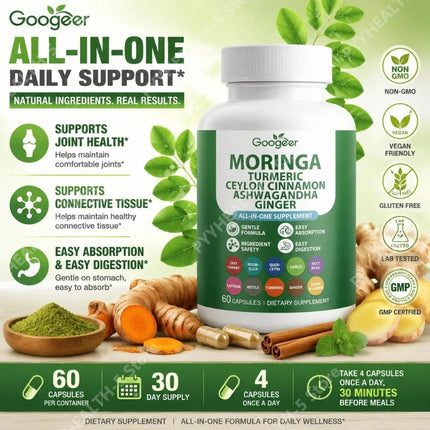 Googeer Moringa Turmeric Capsules All-in-one for Joint Health Support with Ashwagandha Ginger and Ceylon Cinnamon 60 Capsules