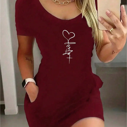 2026 New Women's Sexy Heart-Shaped Round Neck Short-Sleeved Dress and Skirt, Suitable for Summer Wear