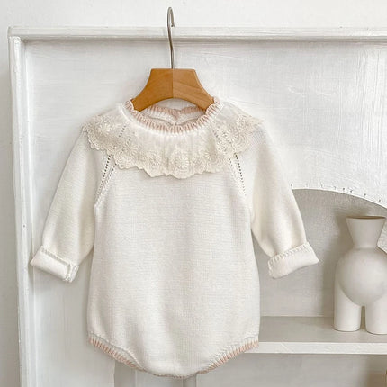 2025 New Autumn 0-24M Children Clothes Newborn Baby Girls Knitted Bodysuits Long Sleeves Lace Splice Korean Style Climbing Suit