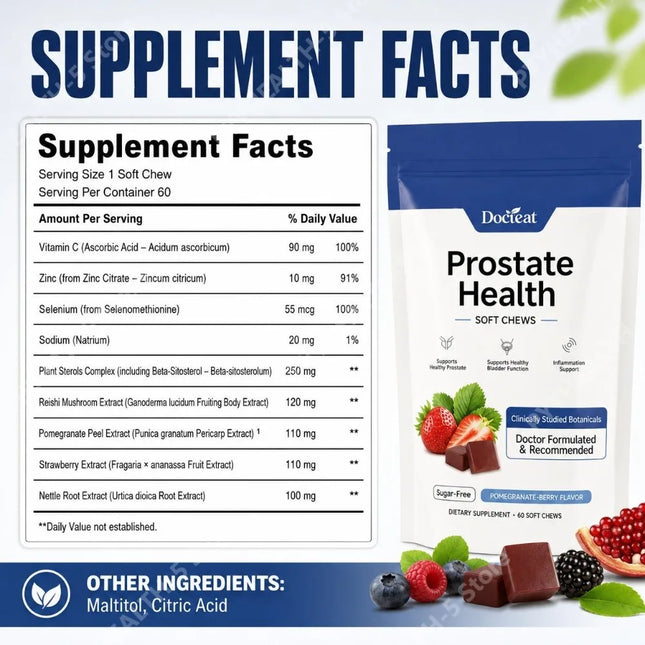 Docteat Prostate Health Soft Chews Sugar-Free with Vitamin C, Zinc and Selenium for Immune System Balance, 60 Soft Chews