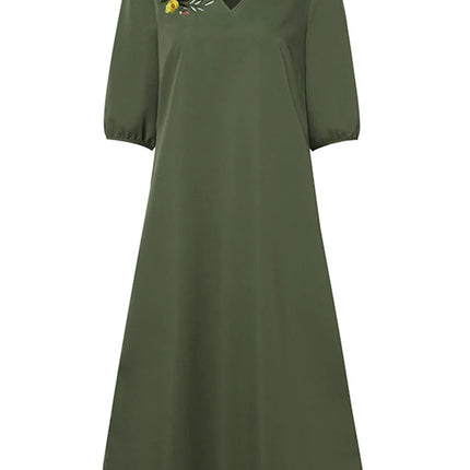 ZANZEA Women V Neck A-line Vestidos Solid Holiday Casual 2024 Summer Dresses Commute Half Sleeve Floral Embroidery Midi Dress