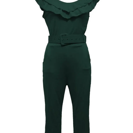 Summer Fashion Off The Shoulder Women Jumpsuit Pleated Ruffles Leg High Waist Slim Female Solid Color Romper Belt Not Included