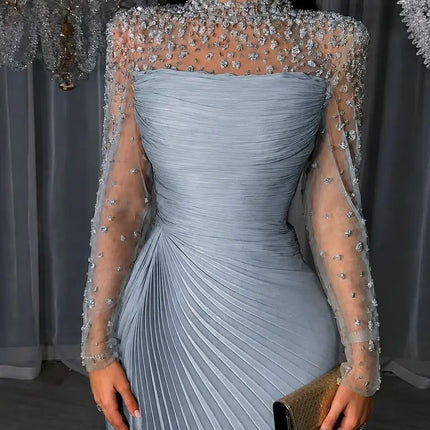 SESSRYMNIR Women'S Formal Evening Gowns Customize Scoop Neck Beading Luxury Evening Dresses Long Sleeves Straight Floor-Length