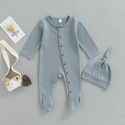 infant Newborn Baby Boys Girl Solid Footies Set, Round Neck Long Sleeve Button-Down Ribbed Feet Wrap Jumpsuit + Hat