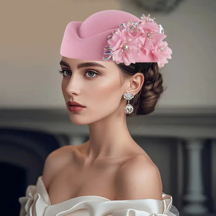 Vintage British Style Felt Turban Hat for Women, Floral Church Derby Headscarf & Soft Beret Headpiece