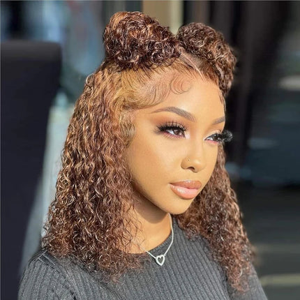 Curly Bob Wig Human Hair Deep Wave 13x4 HD Lace Front Wigs For Black Women Human Hair Pre Plucked Wear And Go Glueless Short Wet And Wavy Ombre Honey Blonde Highlight Color 4/27 12 Inch