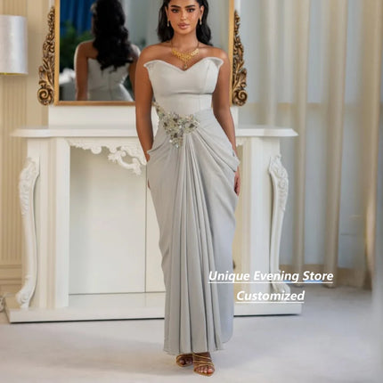 Customized Grey Strapless Evening Dresses Draped Pleated Beaded Appliques Formal Prom Dress For Wedding Guest Party Plus Size