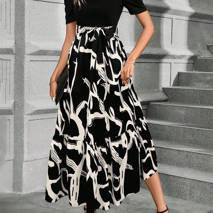 Elegant Floral Print Round Neck Long Dresses Women Short Sleeve High Waist Lace-up Office Lady Holiday Party Dresses Vestidos